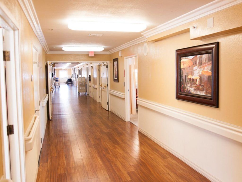 A hallway in the South Coast Post Acute facility