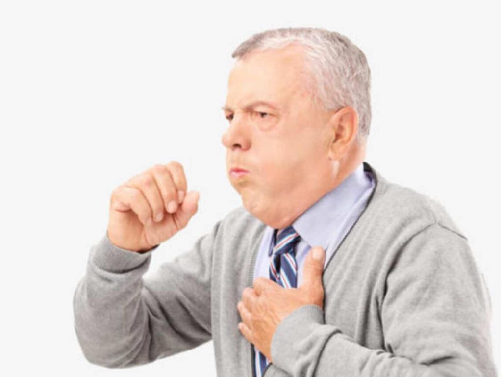 A man is about to cough into his hand prevention