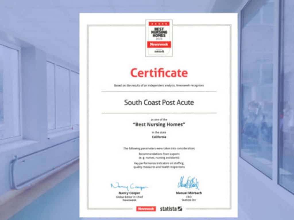 The certificate South Coast Post Acute Received