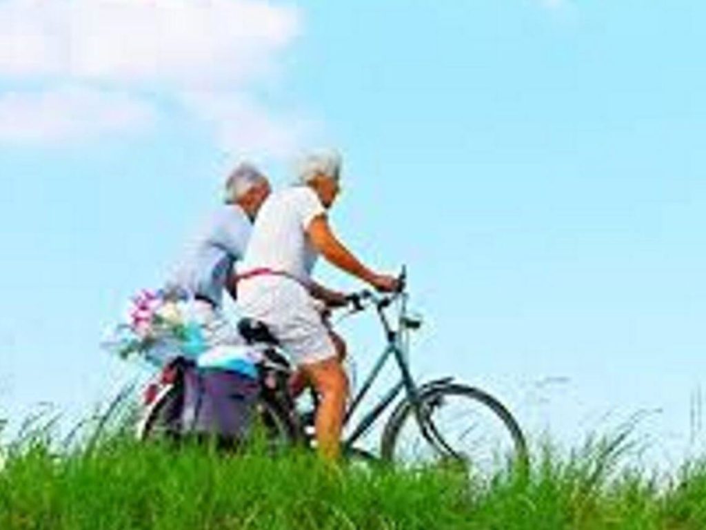 elderly man and woman on bicycles
