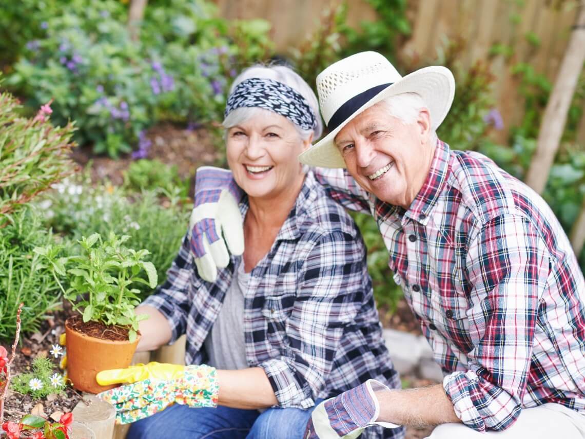 Senior couple smiling while gardening